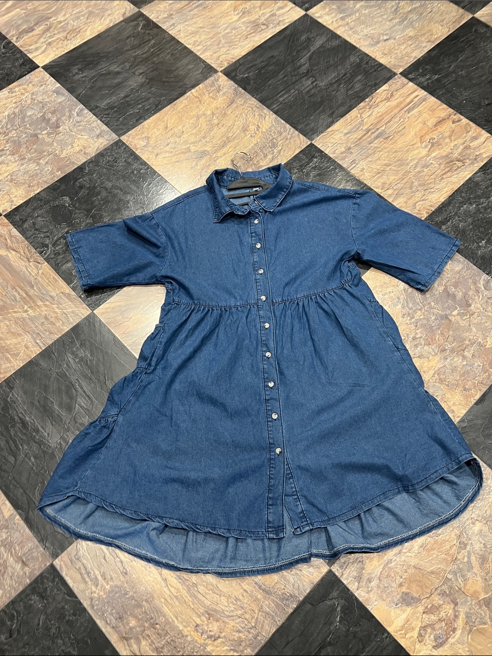 Casual Button-Front Denim Dress in Dark Blue Size XXL